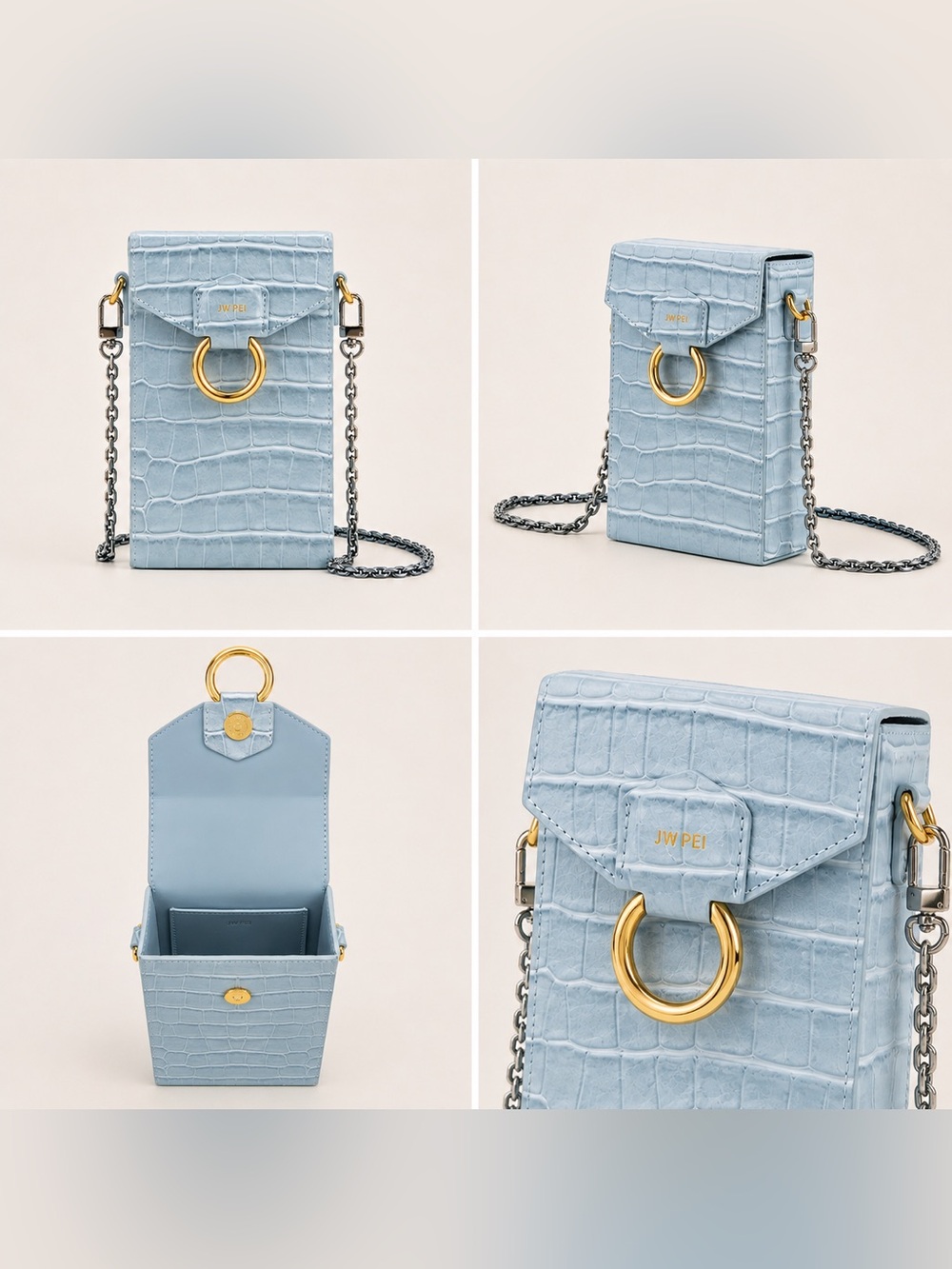 JW PEI Light Blue Croc-Embossed Phone Crossbody with Gold Ring - Picture 1 of 2